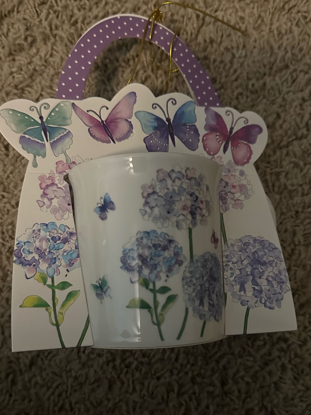 Burton & Burton Purple Butterfly & hydrangeas Mug 3.5" tall